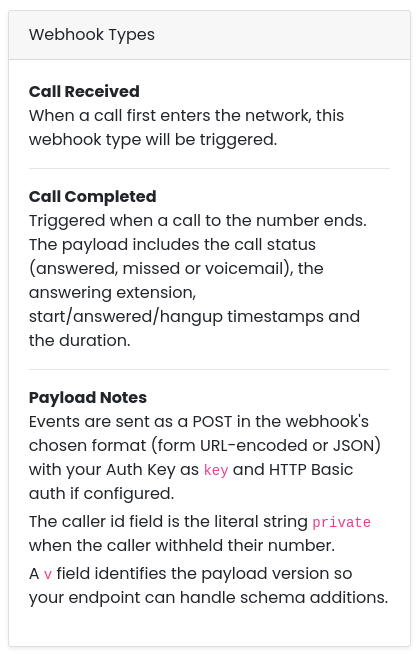 The Webhook Types card describing Call Received, Call Completed and the payload notes